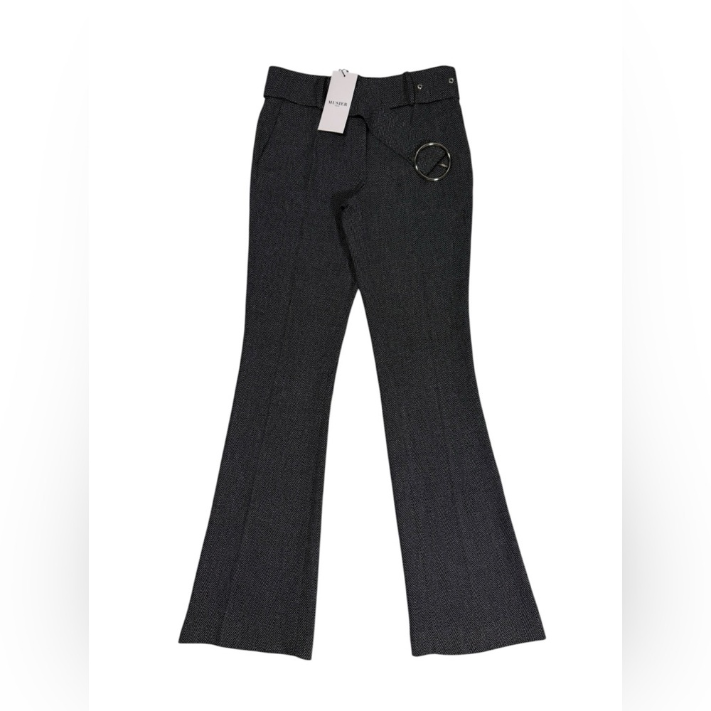 Musier Paris Stromboli Pants Sz EU 34 US 2 Gray Herringbone Belted Flare NWT